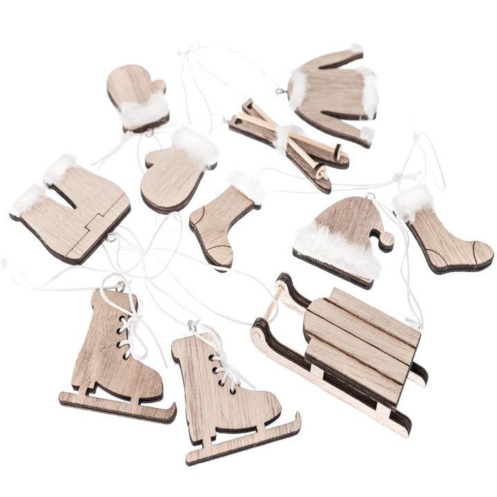 Dřevěné dekorační ozdoby s vánočními motivy 12 ks  | přírodní