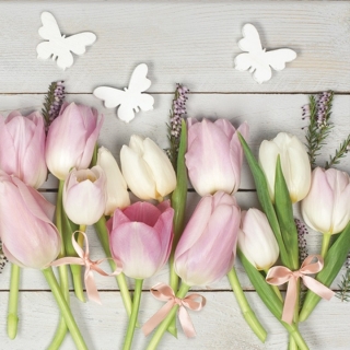 Ubrousky na dekupáž White & Pink tulipány on Wood - 1 ks