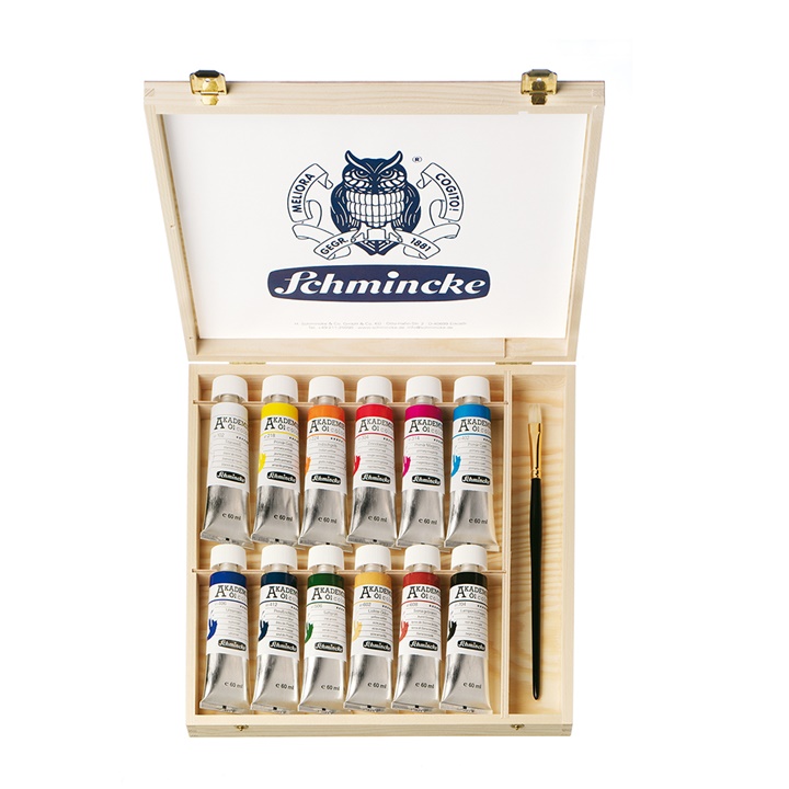 Sada olejových barev v dřevěném boxu Schmincke AKADEMIE 12 x 60 ml