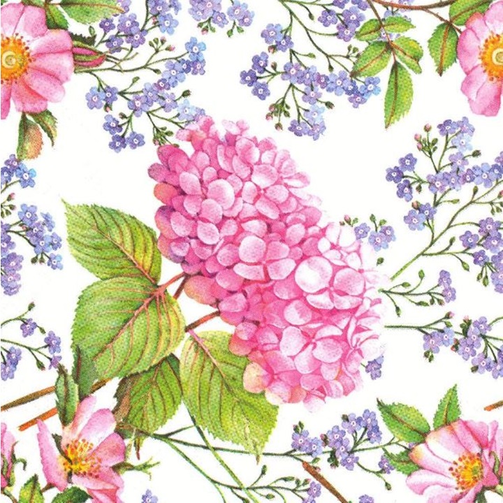 Ubrousky na dekupáž Pink Hydrangea and Forget-Me-Not Flowers - 1 ks