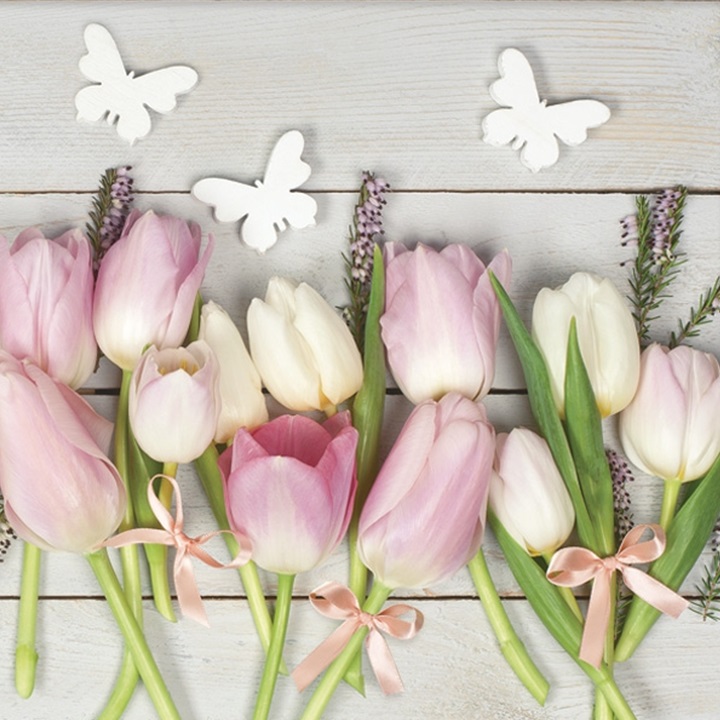 Ubrousky na dekupáž White & Pink tulipány on Wood - 1 ks